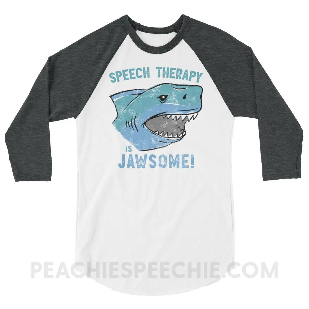 Speech Is Jawsome Baseball Tee - White/Heather Charcoal / XS - T-Shirts & Tops peachiespeechie.com
