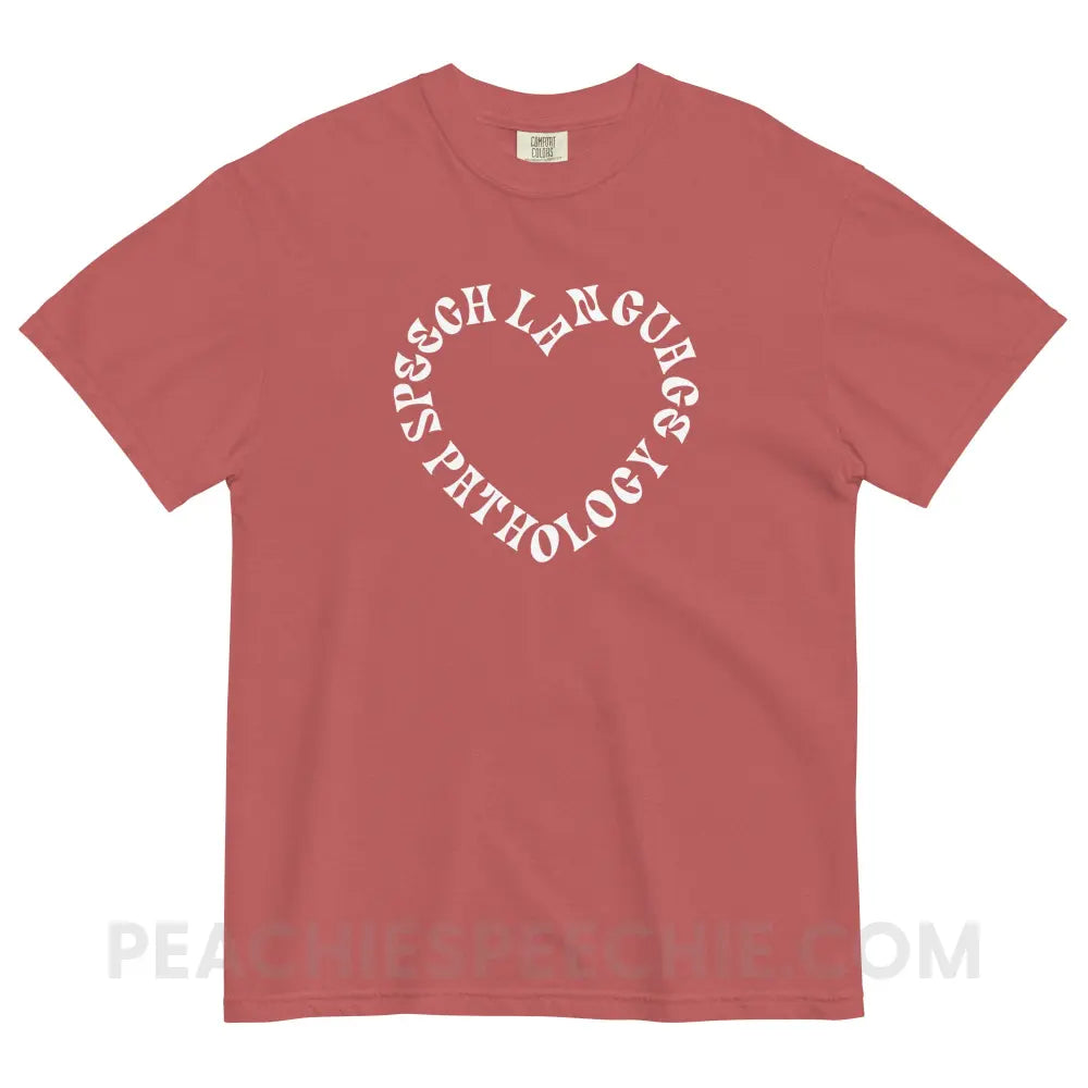 Speech Language Pathology Heart Comfort Colors Tee - Crimson / S - peachiespeechie.com