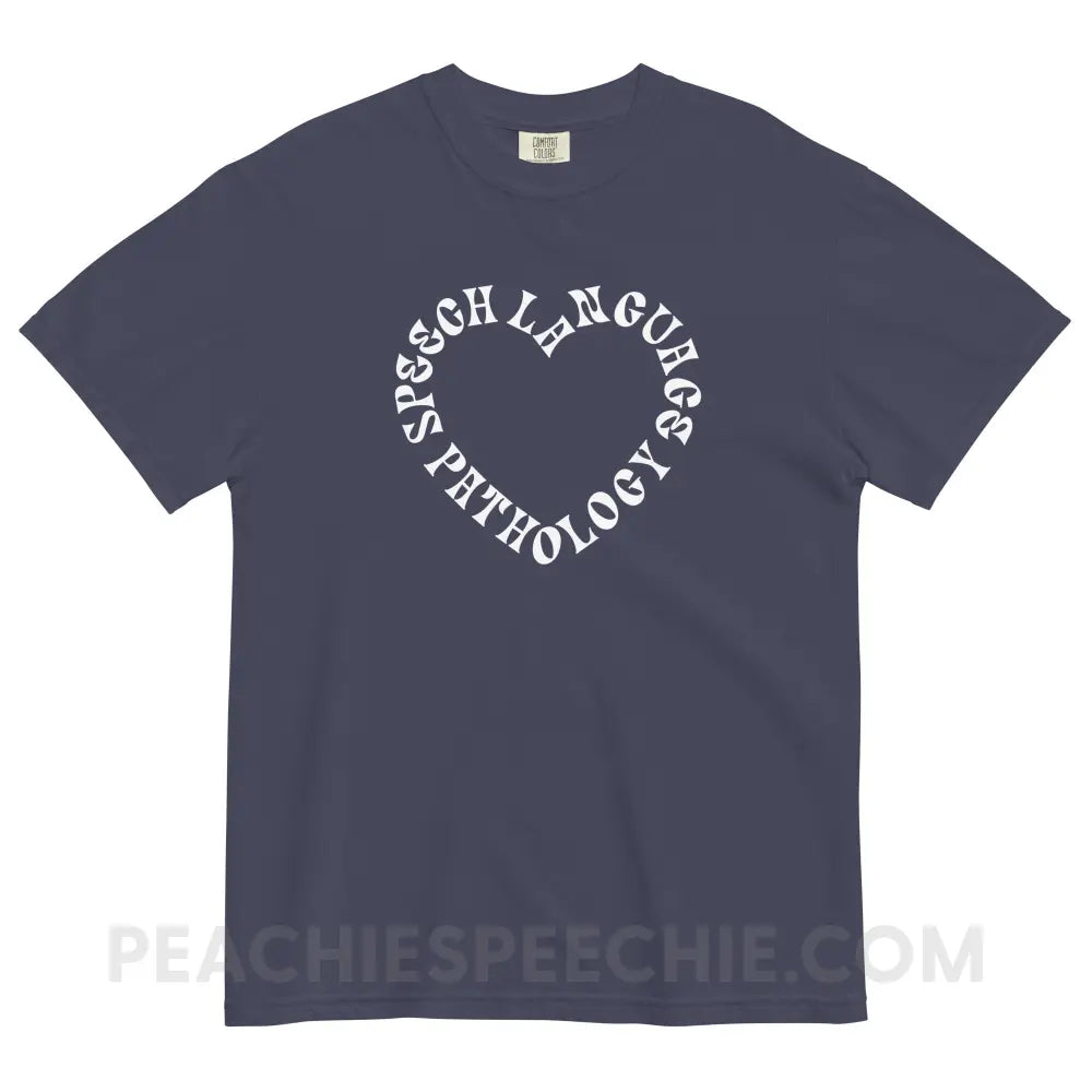 Speech Language Pathology Heart Comfort Colors Tee - True Navy / S - peachiespeechie.com