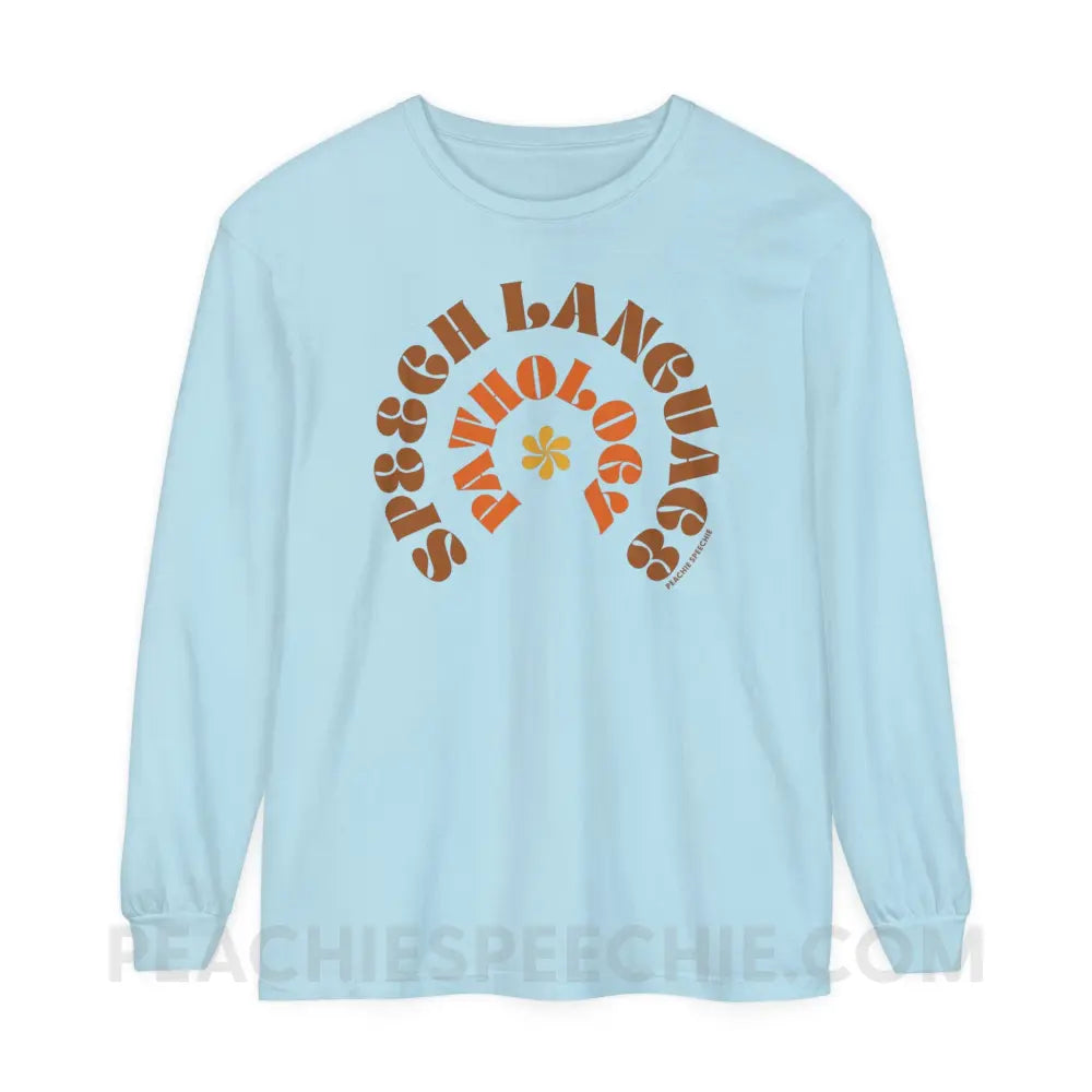 Speech Language Pathology Retro Flower Comfort Colors Long Sleeve - Chambray / S - Long-sleeve peachiespeechie.com