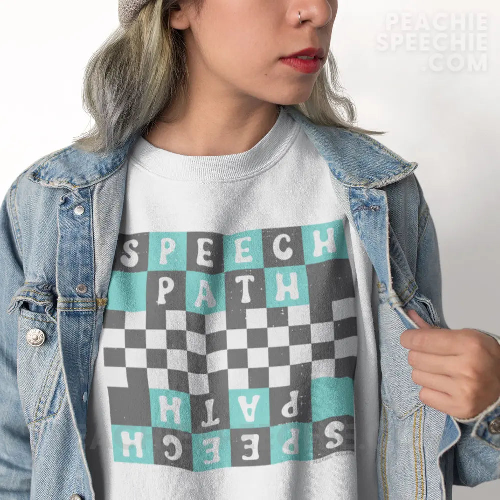 Speech Path Retro Checkerboard Classic Sweatshirt - White / S peachiespeechie.com