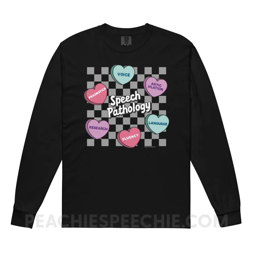 Speech Pathology Candy Heart Checkerboard Comfort Colors Long Sleeve - Black / S - peachiespeechie.com