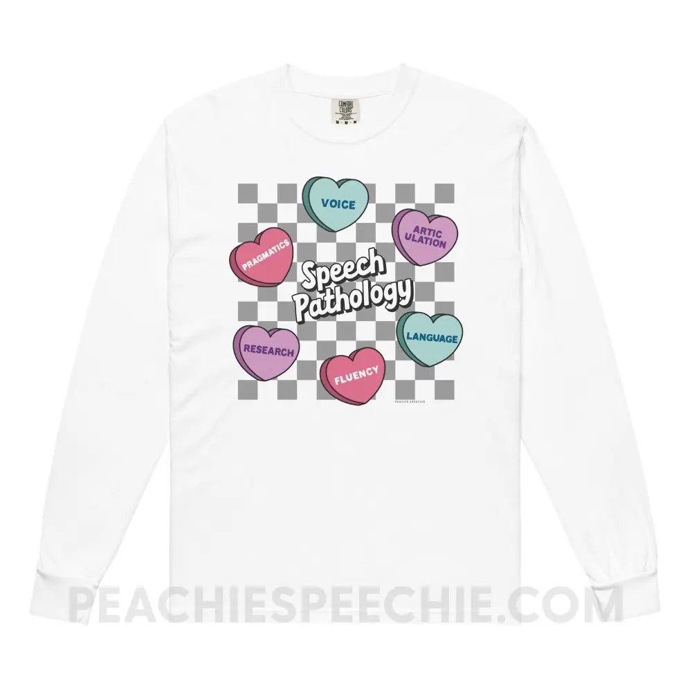 Speech Pathology Candy Heart Checkerboard Comfort Colors Long Sleeve - White / S - peachiespeechie.com