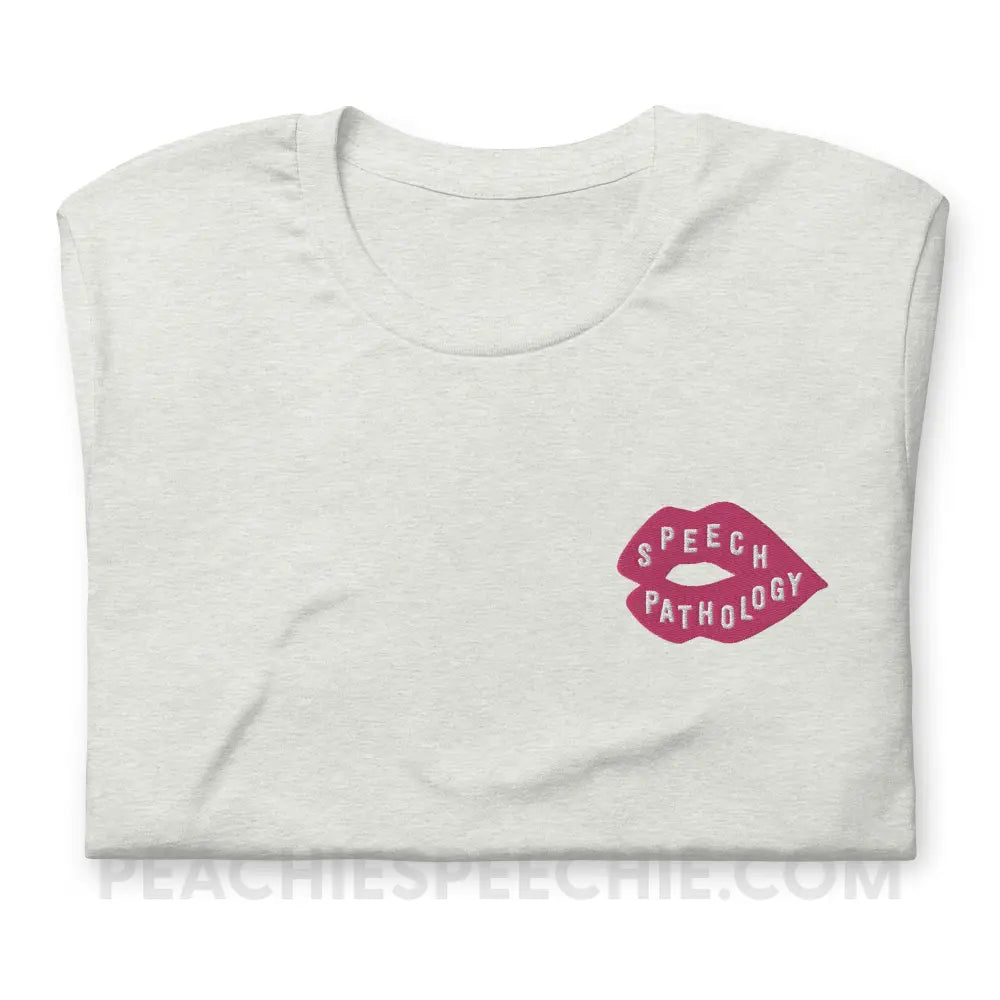 Speech Pathology Lips Embroidered Premium Soft Tee - Ash / S - peachiespeechie.com