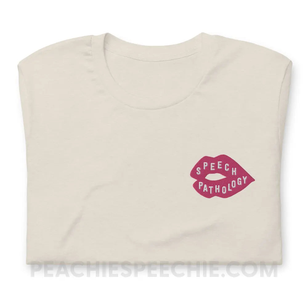 Speech Pathology Lips Embroidered Premium Soft Tee - Heather Dust / S - peachiespeechie.com