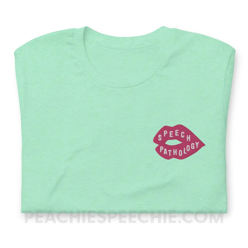 Speech Pathology Lips Embroidered Premium Soft Tee - Heather Mint / S - peachiespeechie.com
