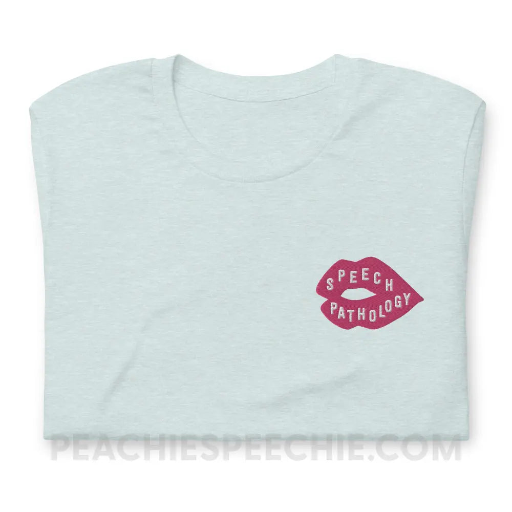 Speech Pathology Lips Embroidered Premium Soft Tee - Heather Prism Ice Blue / XS - peachiespeechie.com