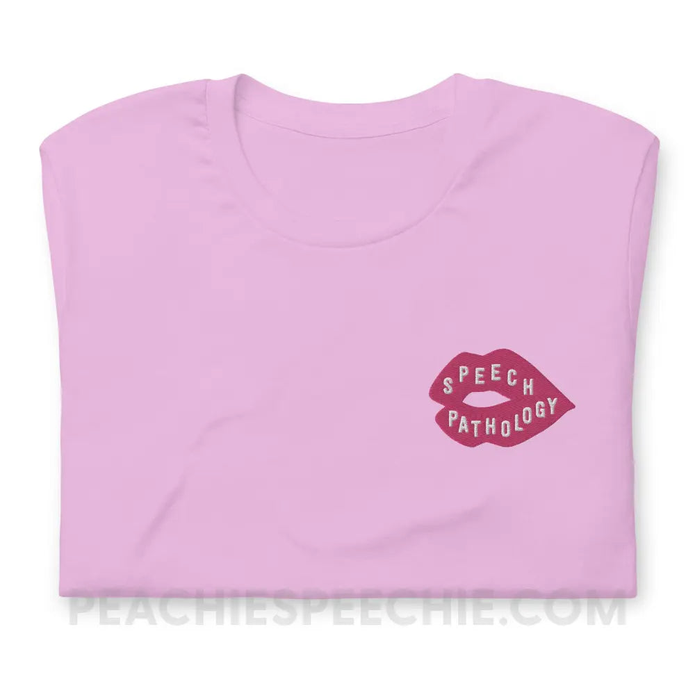 Speech Pathology Lips Embroidered Premium Soft Tee - Lilac / S - peachiespeechie.com