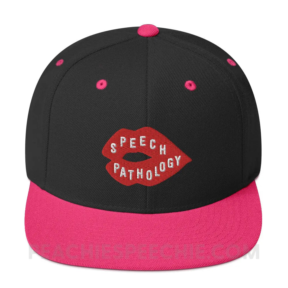 Speech Pathology Lips Premium Ball Cap - Black/ Neon Pink - peachiespeechie.com