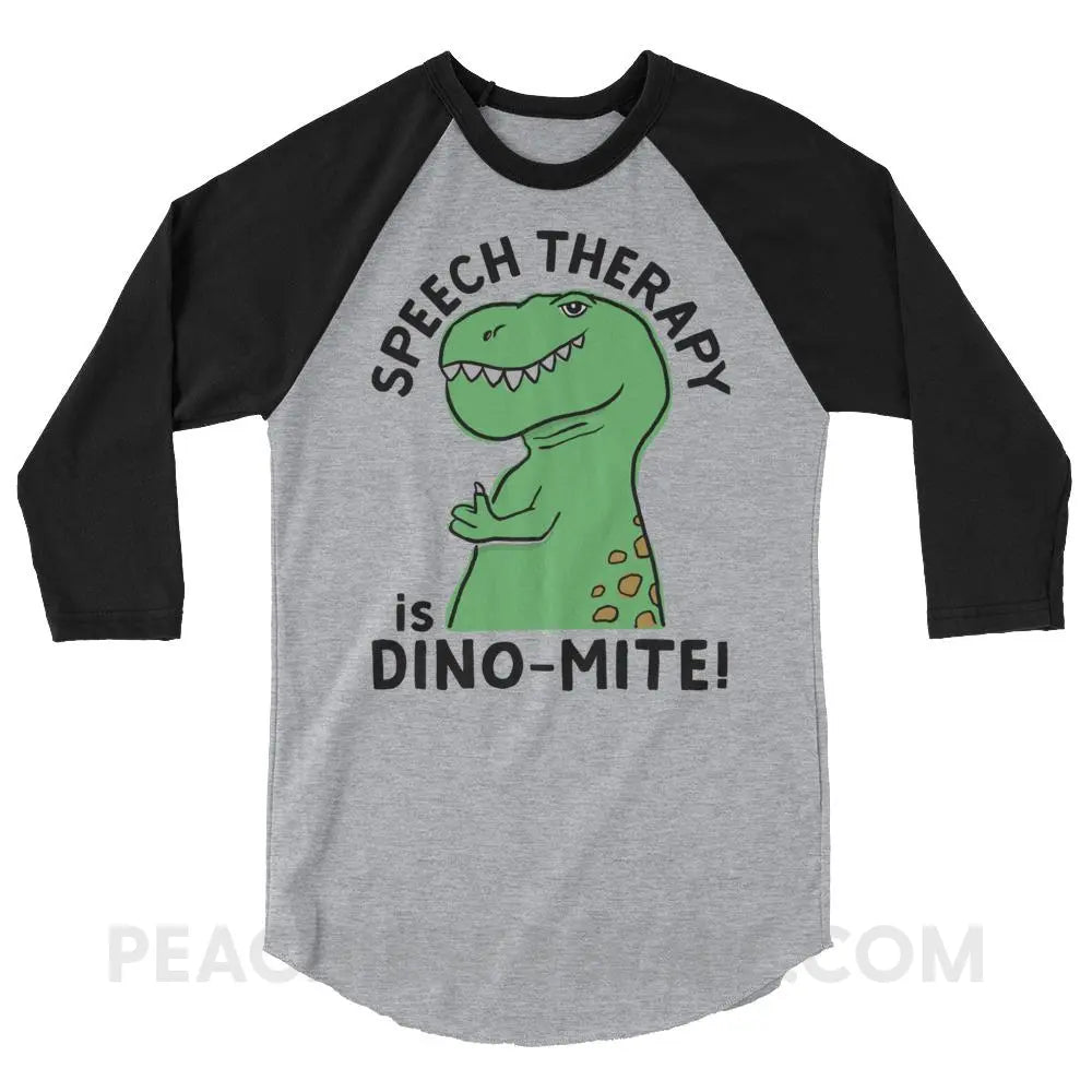 Speech Therapy is Dino-Mite Baseball Tee - Heather Grey/Black / XS - T-Shirts & Tops peachiespeechie.com