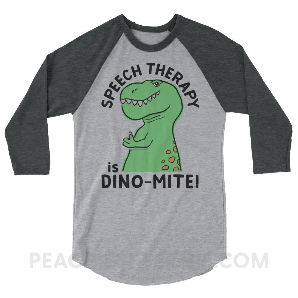 Speech Therapy is Dino-Mite Baseball Tee - Heather Grey/Heather Charcoal / XS - T-Shirts & Tops peachiespeechie.com