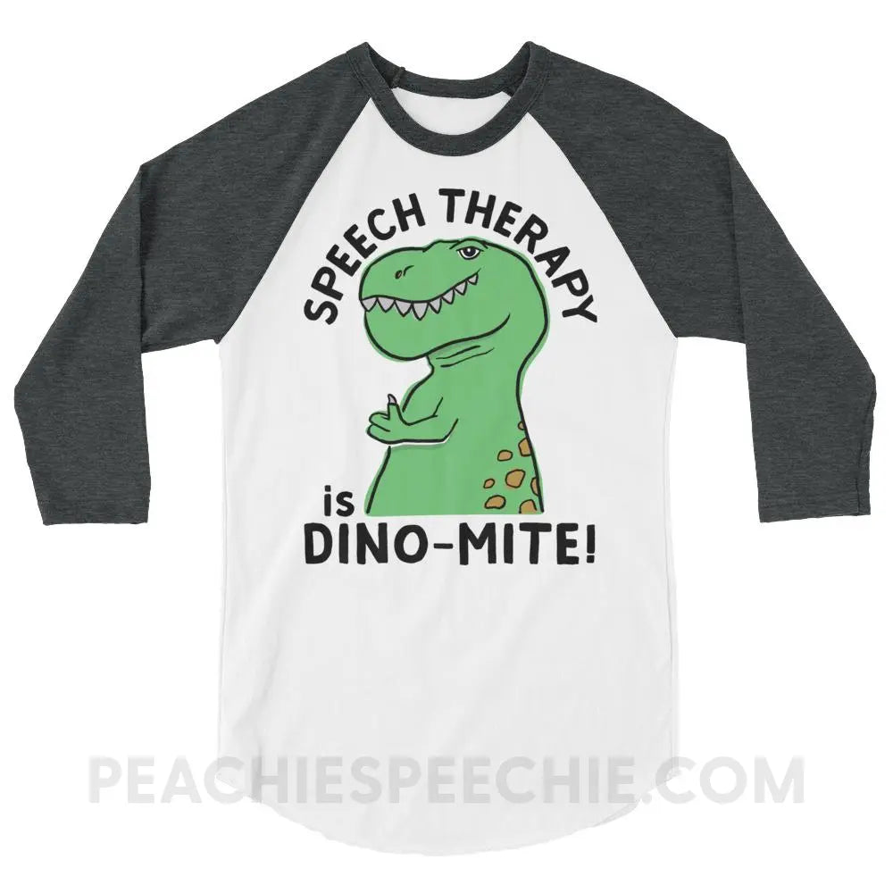 Speech Therapy is Dino-Mite Baseball Tee - White/Heather Charcoal / XS - T-Shirts & Tops peachiespeechie.com