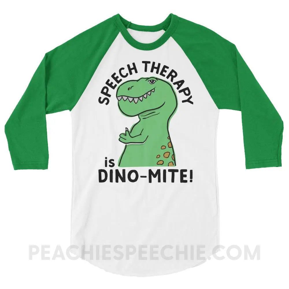 Speech Therapy is Dino-Mite Baseball Tee - White/Kelly / XS - T-Shirts & Tops peachiespeechie.com