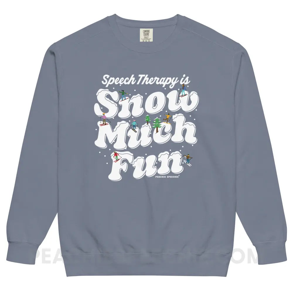 Speech Therapy is Snow Much Fun Comfort Colors Crewneck - Blue Jean / S - peachiespeechie.com