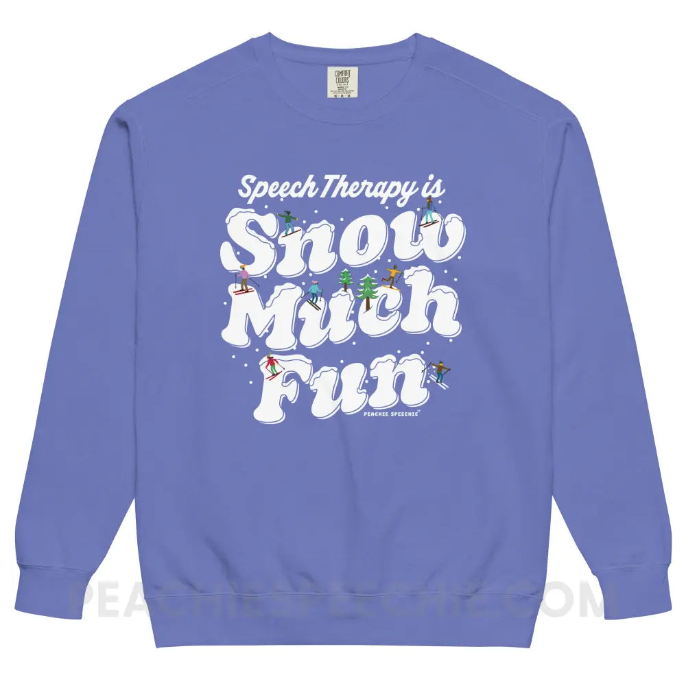 Speech Therapy is Snow Much Fun Comfort Colors Crewneck - Flo Blue / S - peachiespeechie.com