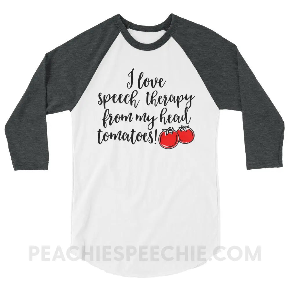 Speech Tomatoes Baseball Tee - White/Heather Charcoal / XS - T-Shirts & Tops peachiespeechie.com