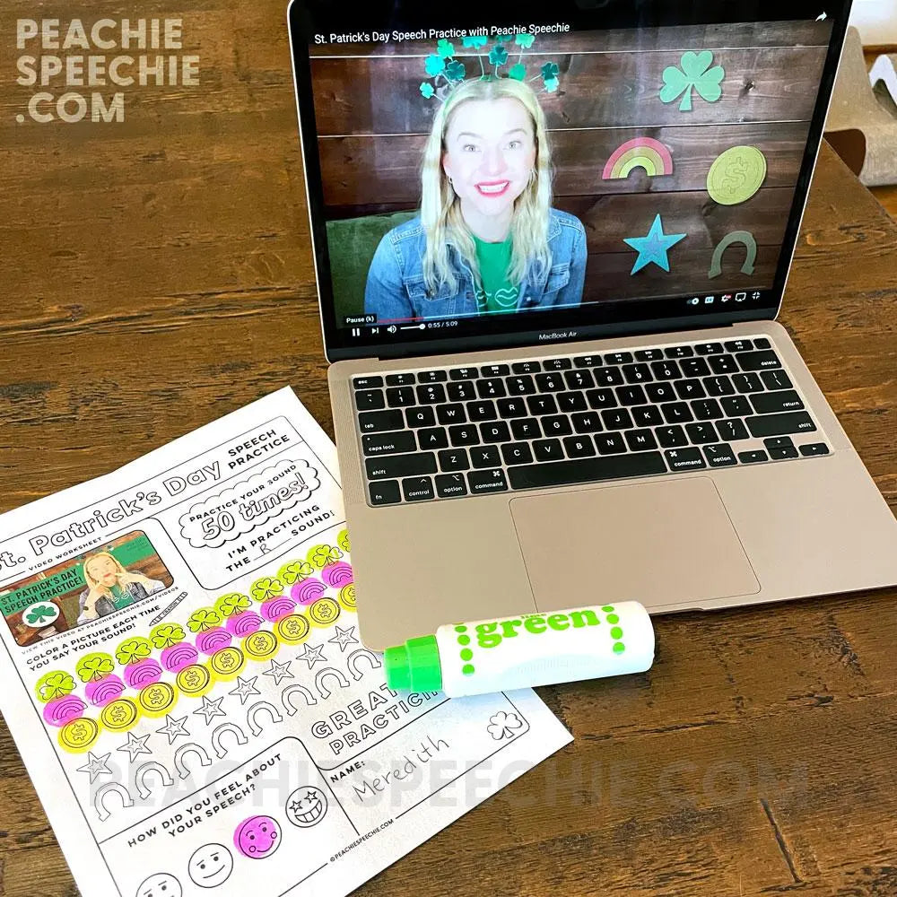 St. Patrick’s Day Speech Practice Video Worksheet - Materials peachiespeechie.com