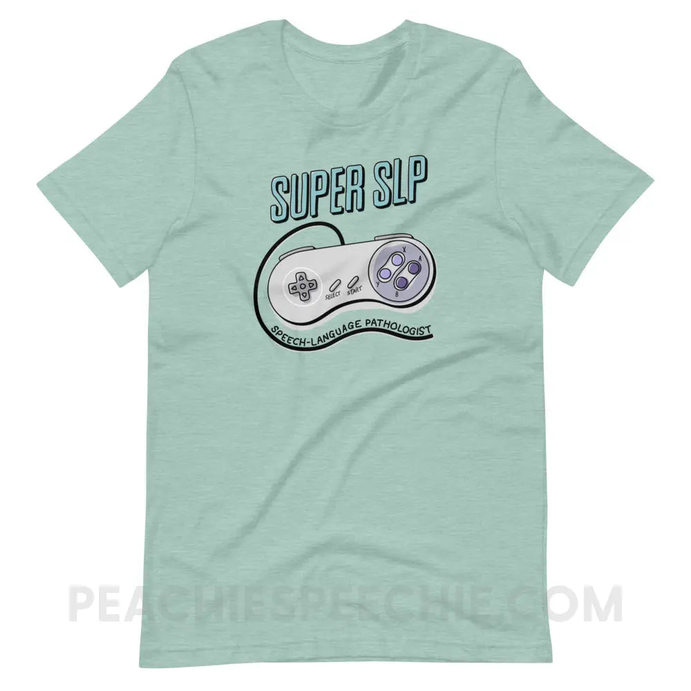 Super SLP Retro Controller Premium Soft Tee - Heather Prism Dusty Blue / XS - peachiespeechie.com