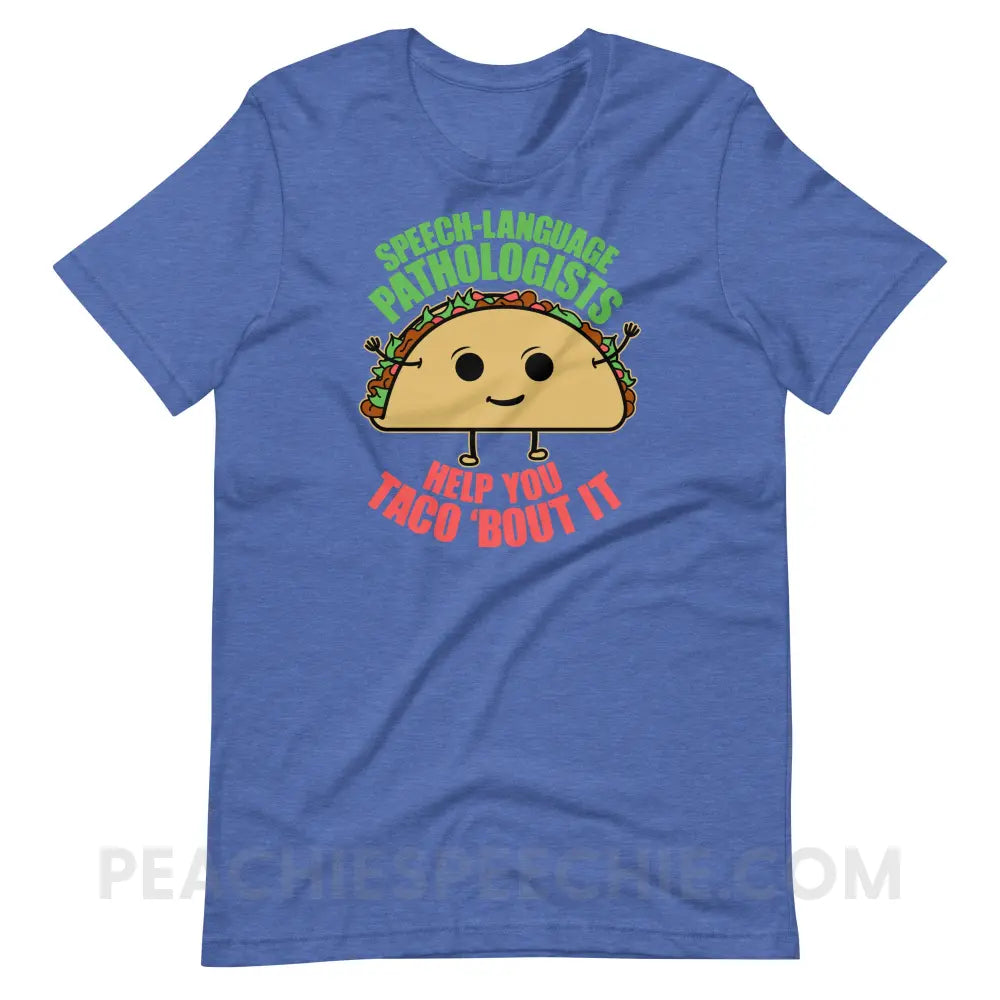 Taco ’Bout It Premium Soft Tee - Heather True Royal / S - T-Shirt peachiespeechie.com