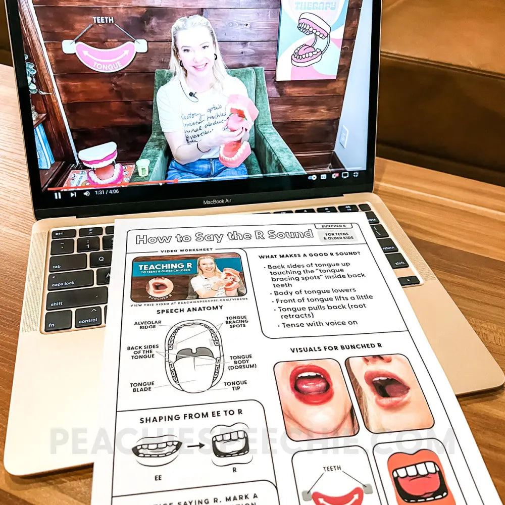 Teaching R to Teens and Older Kids Video Worksheet (Bunched R) - Materials peachiespeechie.com