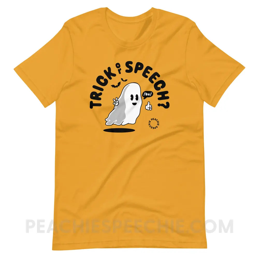 Trick or Speech Premium Soft Tee - Mustard / XS - peachiespeechie.com