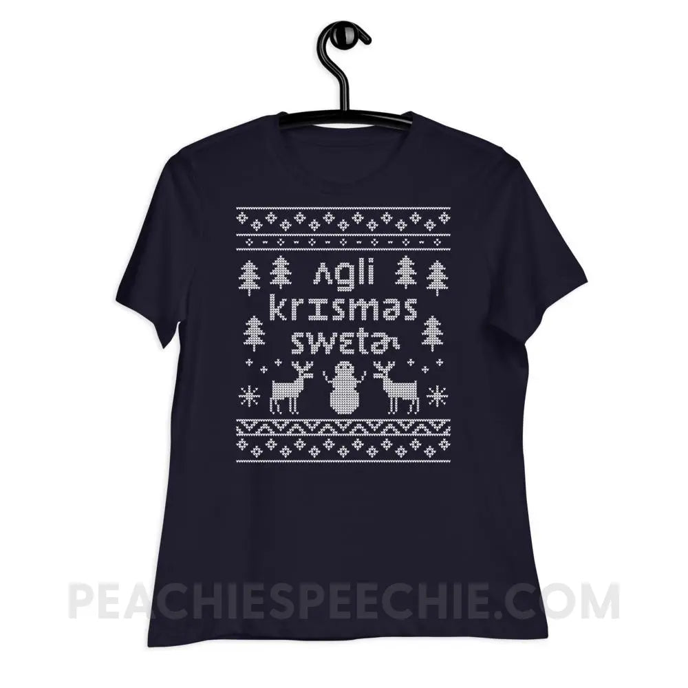 Ugly Christmas Sweater Women’s Relaxed Tee - Navy / S - T-Shirts & Tops peachiespeechie.com