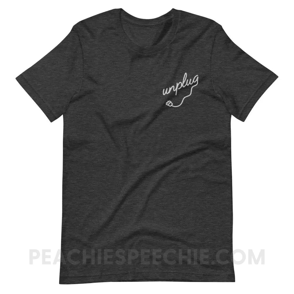 Unplug Embroidered Premium Soft Tee - Dark Grey Heather / XS - T-Shirts & Tops peachiespeechie.com