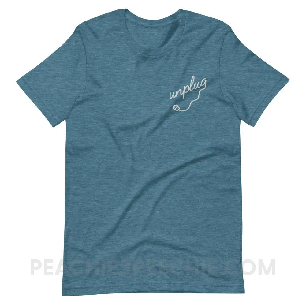 Unplug Embroidered Premium Soft Tee - Heather Deep Teal / S - T-Shirts & Tops peachiespeechie.com