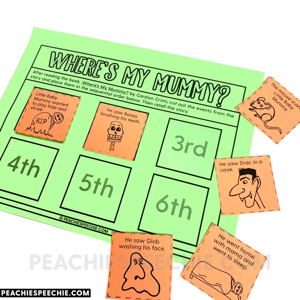 Where’s My Mummy Book Study Activities - Materials peachiespeechie.com