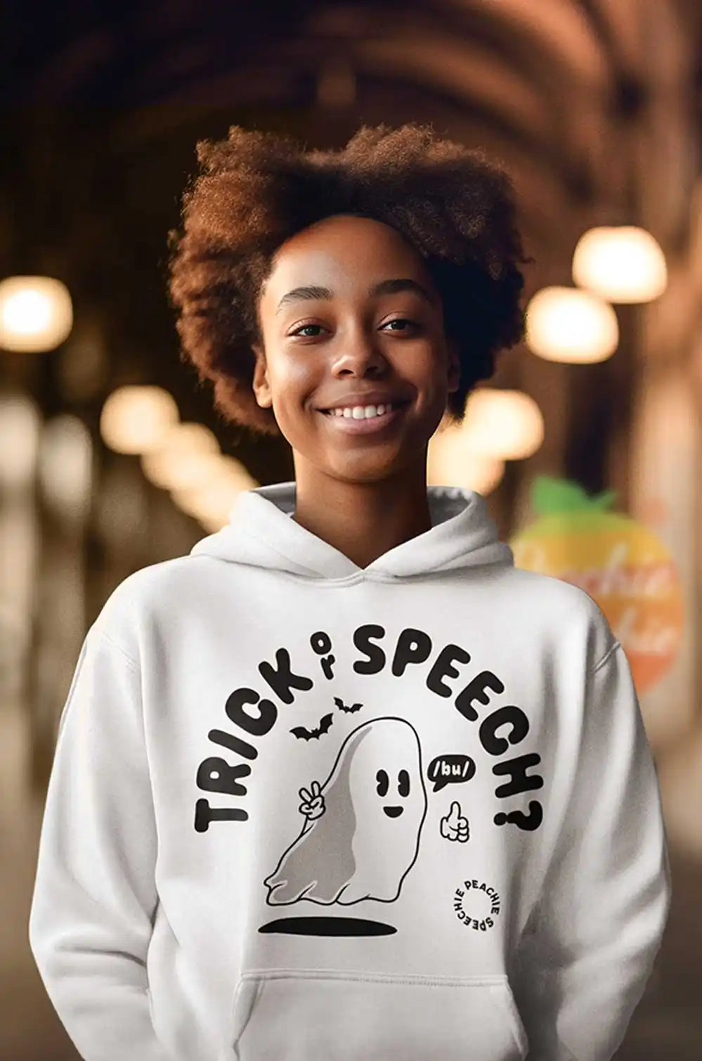 White hoodie with a Halloween-themed graphic design.