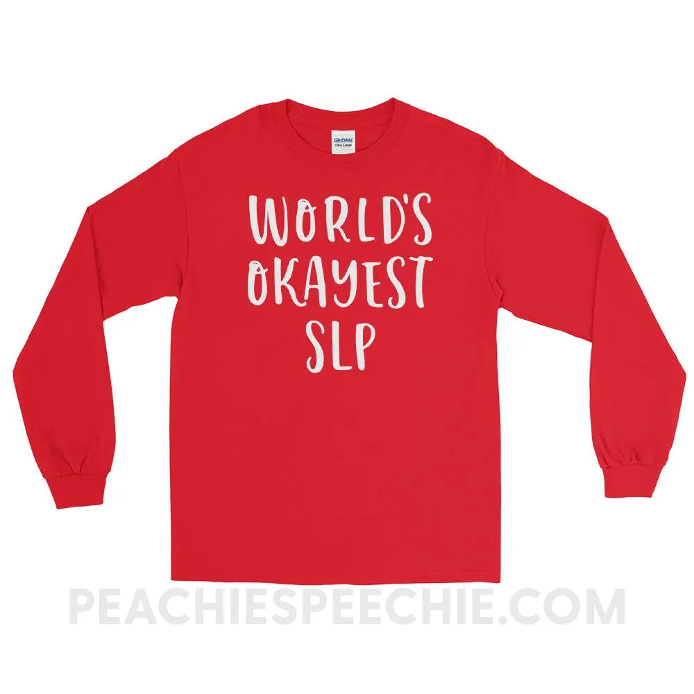 World’s Okayest SLP Long Sleeve Tee - Red / S - T-Shirts & Tops peachiespeechie.com