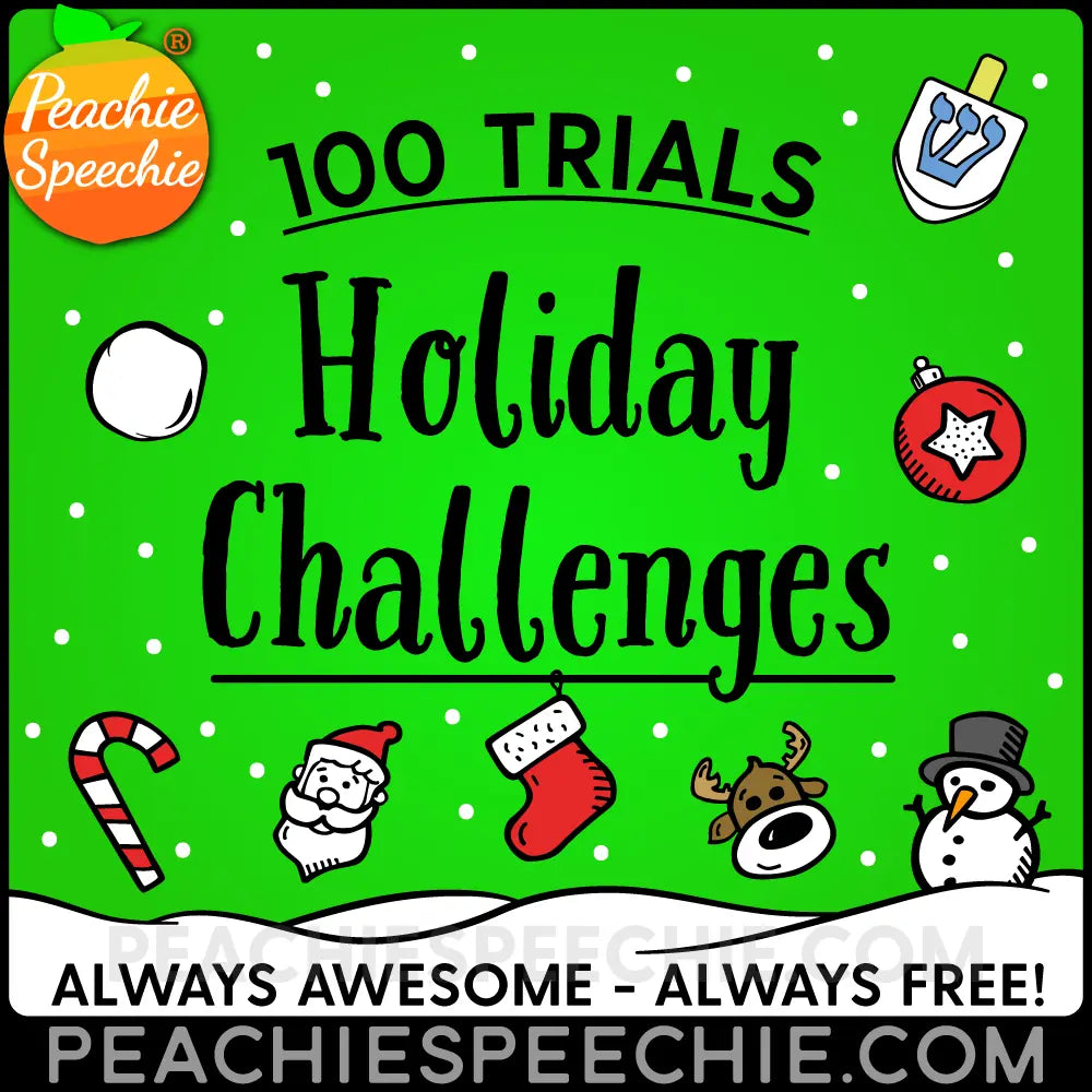 100 Trials Articulation Winter Holiday Challenges - Materials peachiespeechie.com