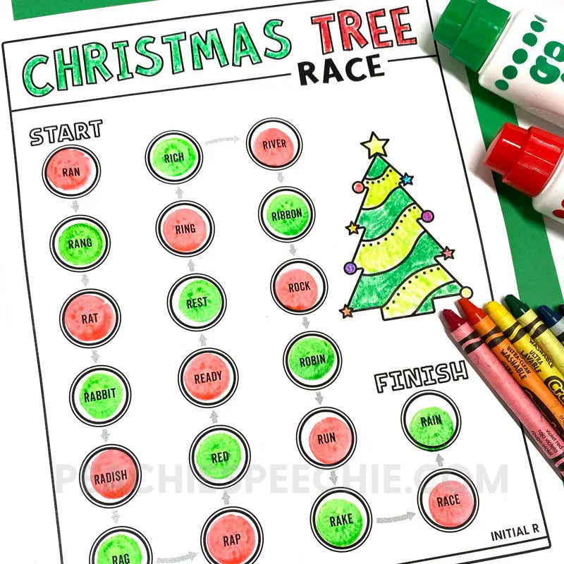 Christmas Tree Race Articulation Speech Therapy Activity - Materials peachiespeechie.com