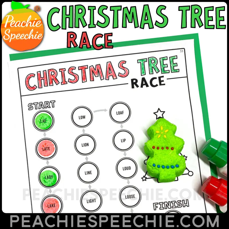 Christmas Tree Race Articulation Speech Therapy Activity - Materials peachiespeechie.com