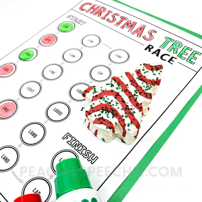 Christmas Tree Race Articulation Speech Therapy Activity - Materials peachiespeechie.com