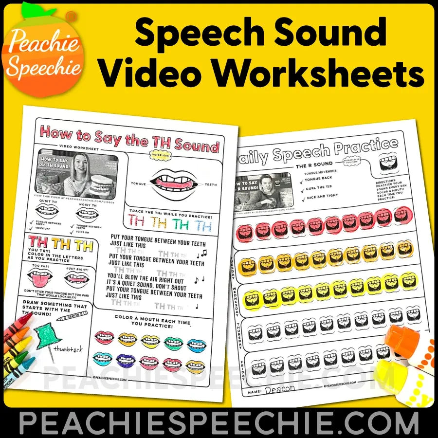 Peachie Speechie Speech Sound Video Worksheets - Materials peachiespeechie.com
