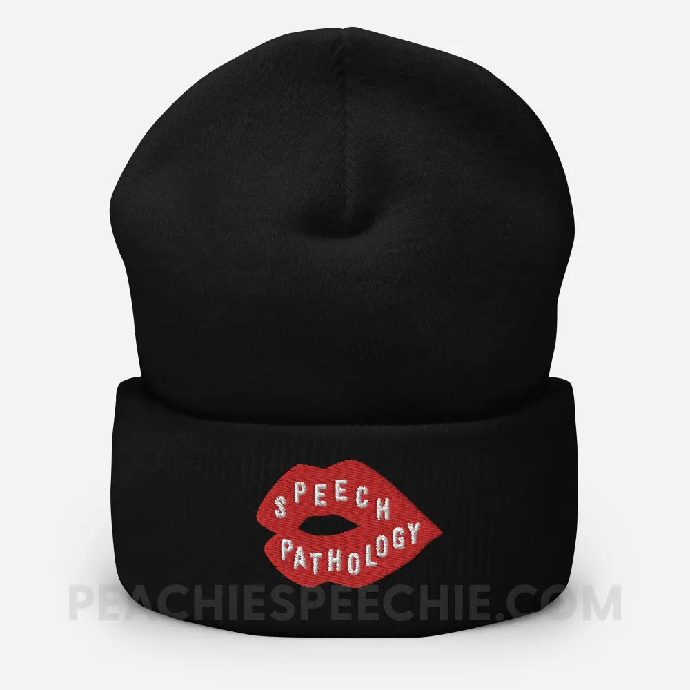 Speech Pathology Lips Embroidered Cozy Beanie - Black - peachiespeechie.com