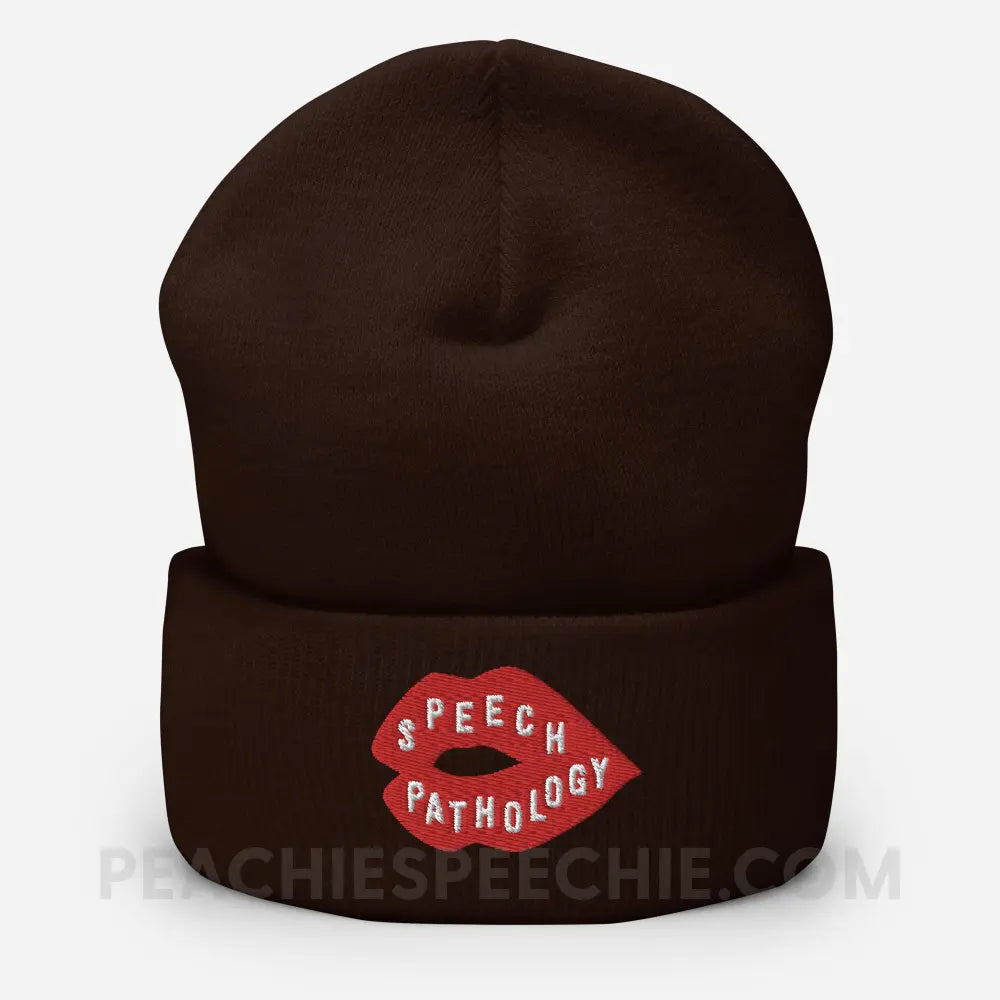 Speech Pathology Lips Embroidered Cozy Beanie - Brown - peachiespeechie.com