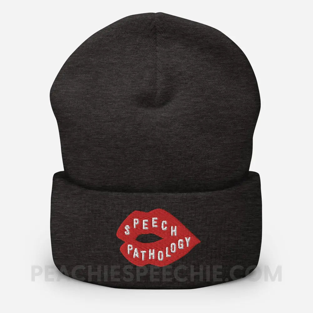 Speech Pathology Lips Embroidered Cozy Beanie - Dark Grey - peachiespeechie.com