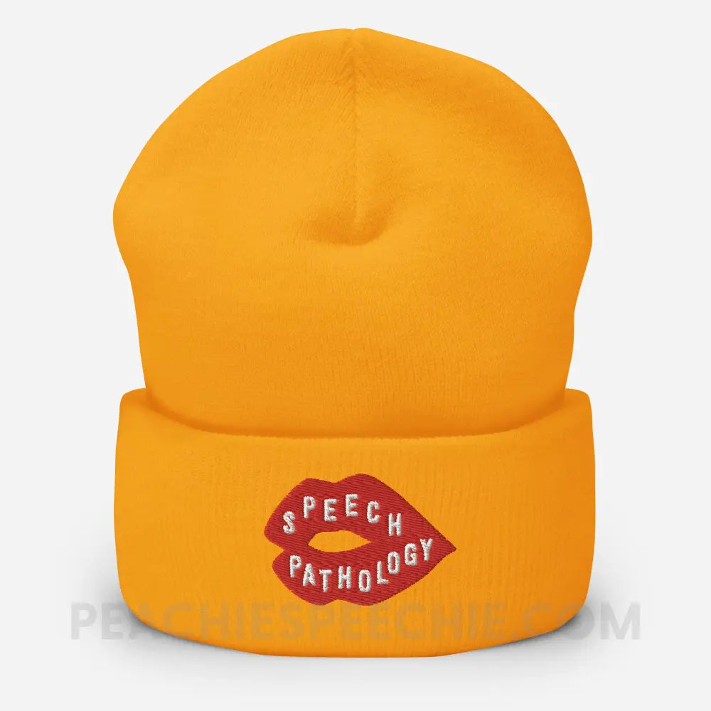 Speech Pathology Lips Embroidered Cozy Beanie - Gold - peachiespeechie.com