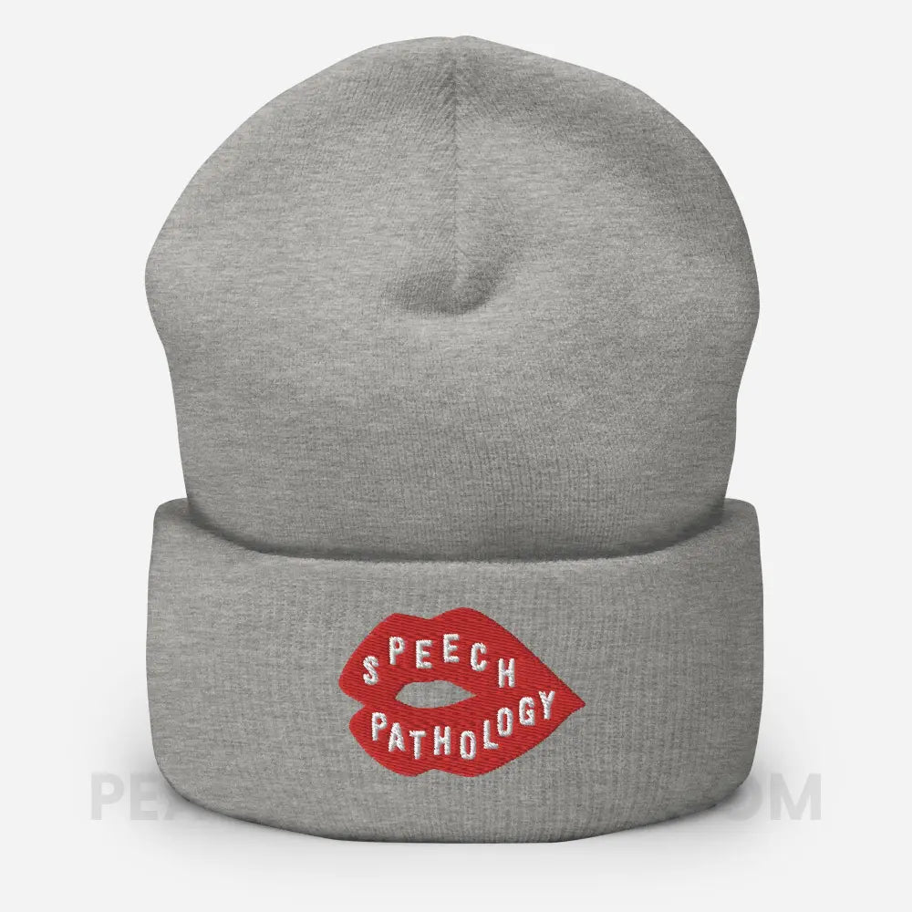 Speech Pathology Lips Embroidered Cozy Beanie - Heather Grey - peachiespeechie.com