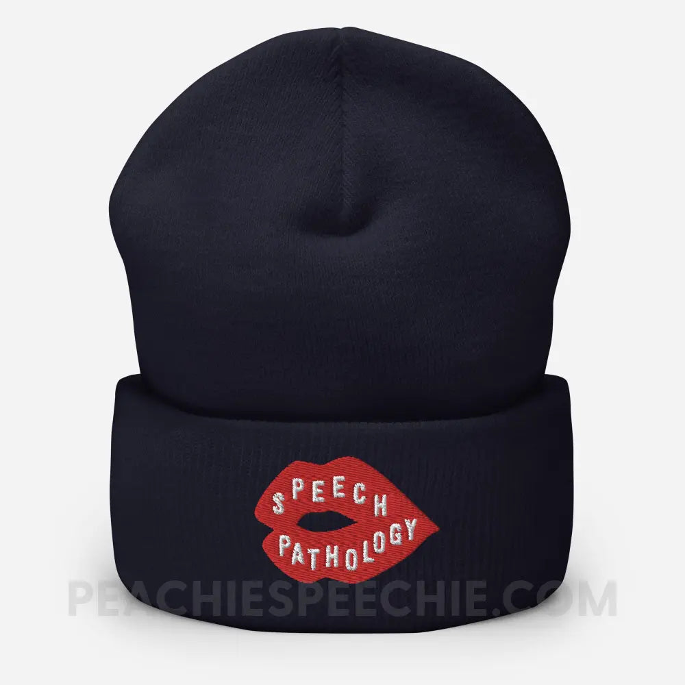 Speech Pathology Lips Embroidered Cozy Beanie - Navy - peachiespeechie.com