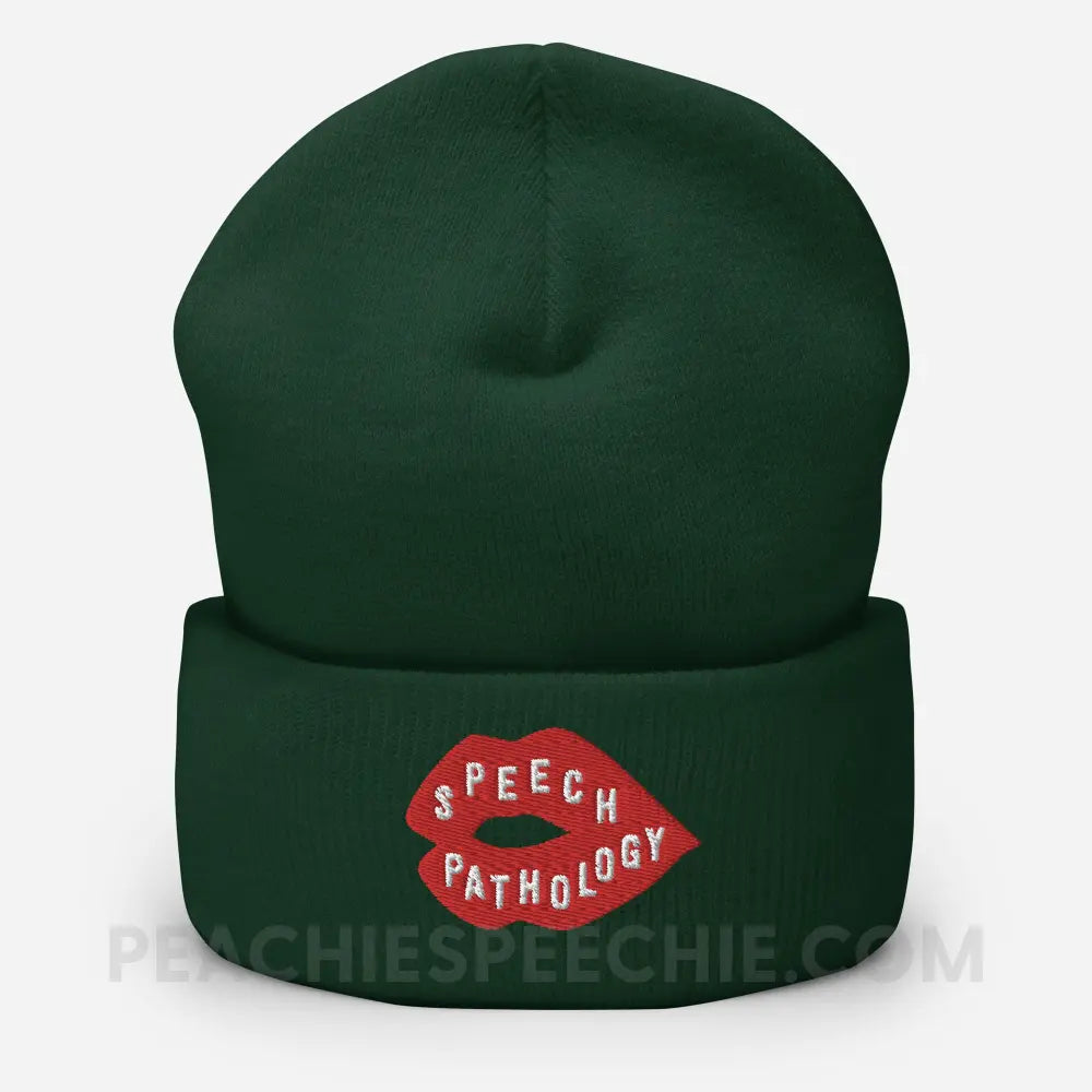 Speech Pathology Lips Embroidered Cozy Beanie - Spruce - peachiespeechie.com