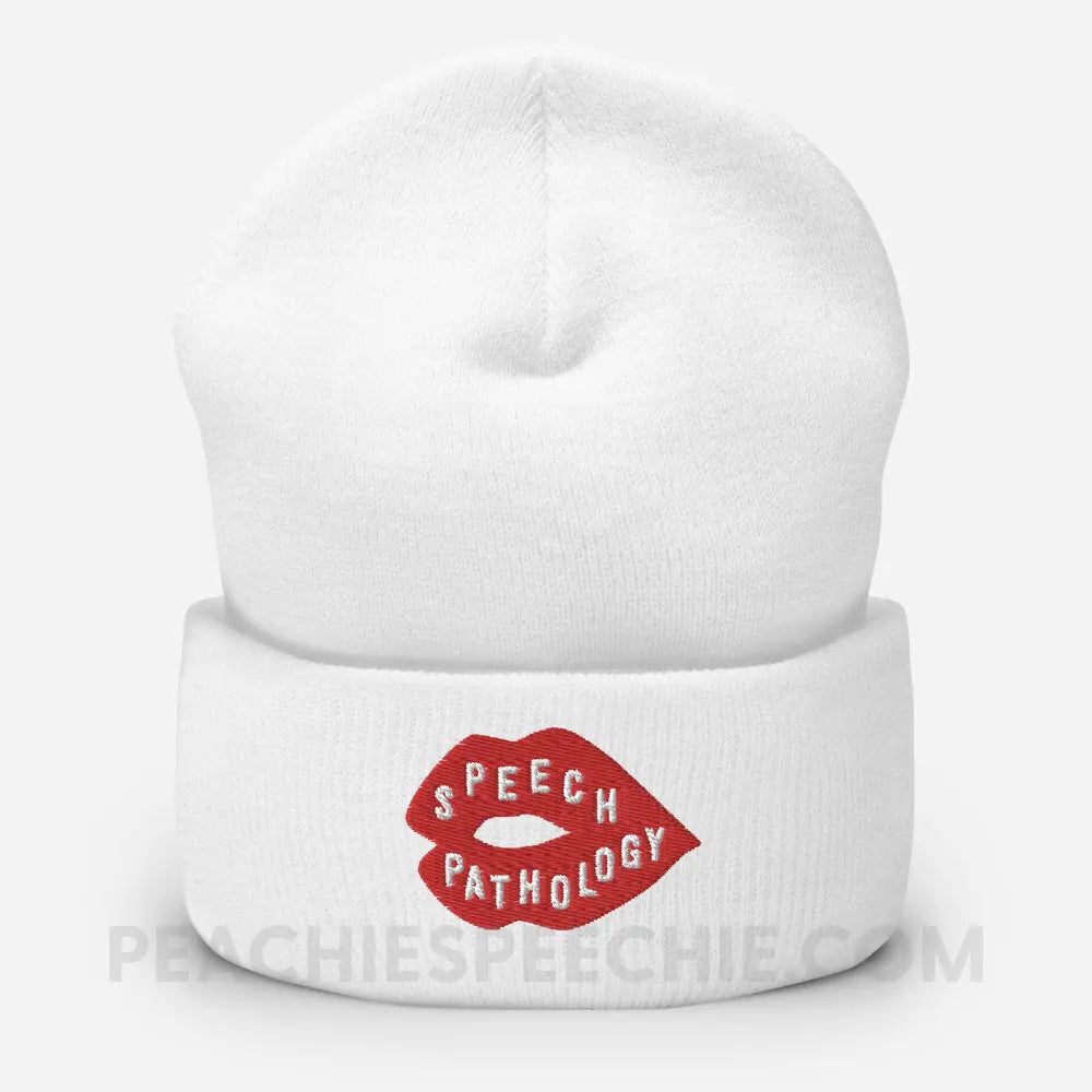 Speech Pathology Lips Embroidered Cozy Beanie - White - peachiespeechie.com