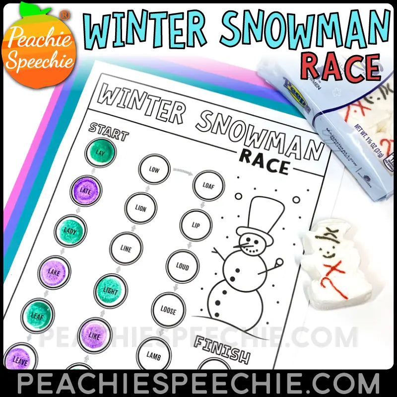 Winter Snowman Race Articulation Speech Therapy Activity - Materials peachiespeechie.com