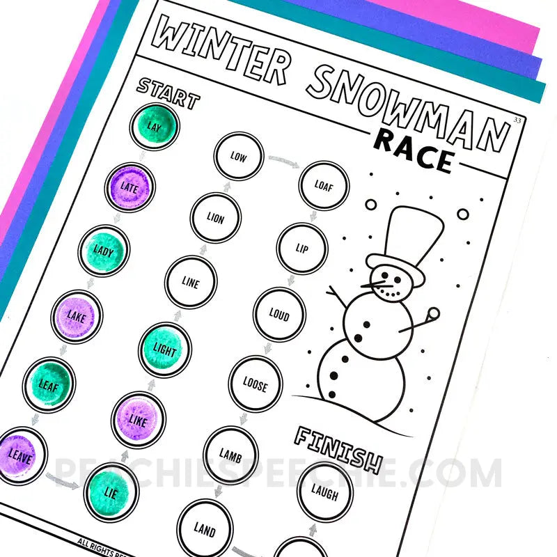Winter Snowman Race Articulation Speech Therapy Activity - Materials peachiespeechie.com