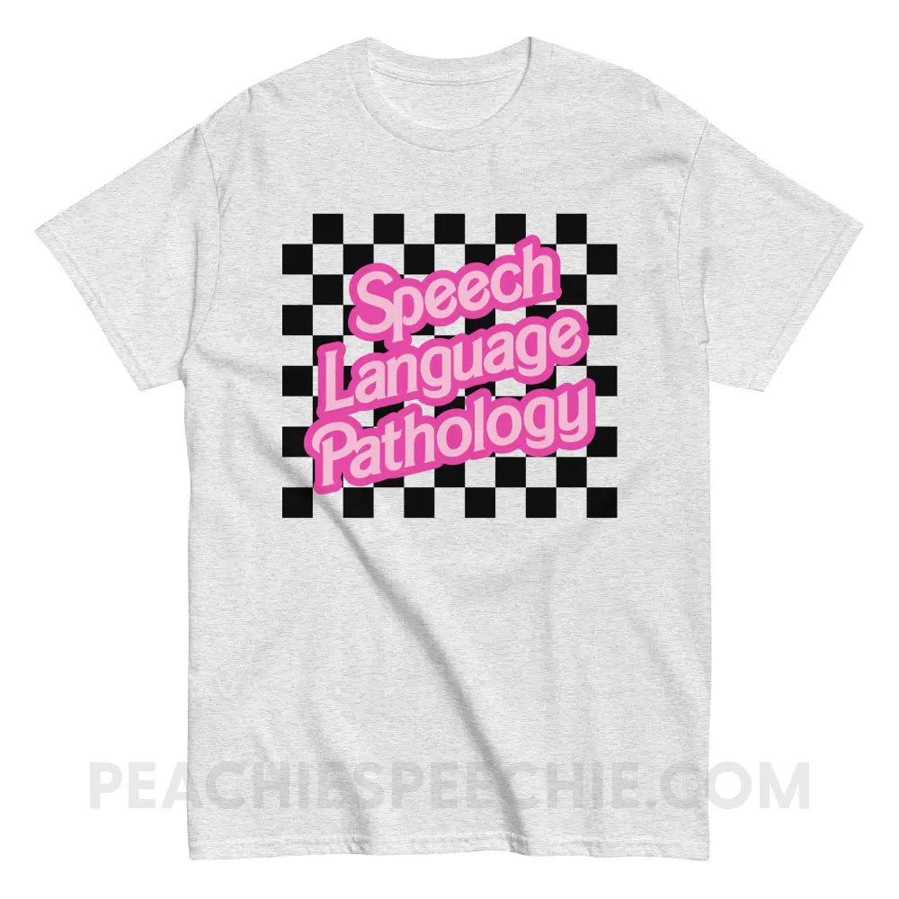 90s Checkerboard Speech Language Pathology Basic Tee - Ash / S - T-Shirt peachiespeechie.com