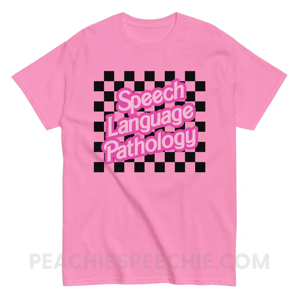 90s Checkerboard Speech Language Pathology Basic Tee - Azalea / S - T-Shirt peachiespeechie.com