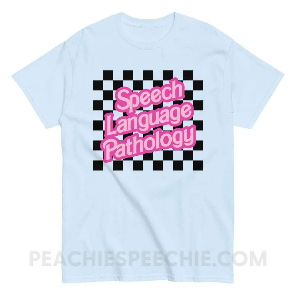 90s Checkerboard Speech Language Pathology Basic Tee - Light Blue / S - T-Shirt peachiespeechie.com