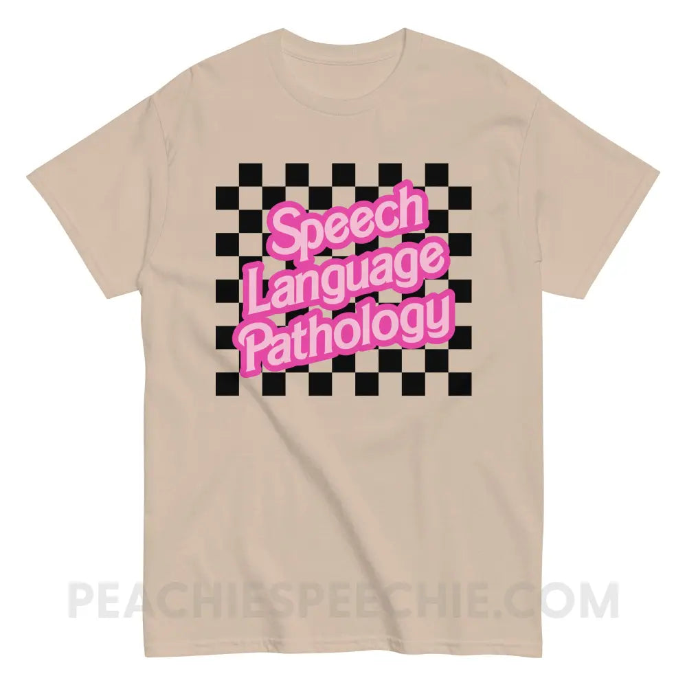 90s Checkerboard Speech Language Pathology Basic Tee - Sand / S - T-Shirt peachiespeechie.com